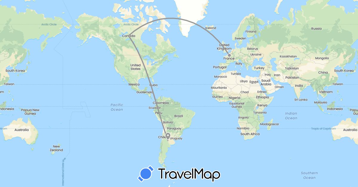 TravelMap itinerary: driving, plane in Argentina, Canada, France (Europe, North America, South America)